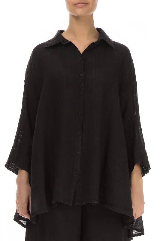 Loose Black Gauze Linen Shirt-- Satin Blend Silk Blend Wool Blend