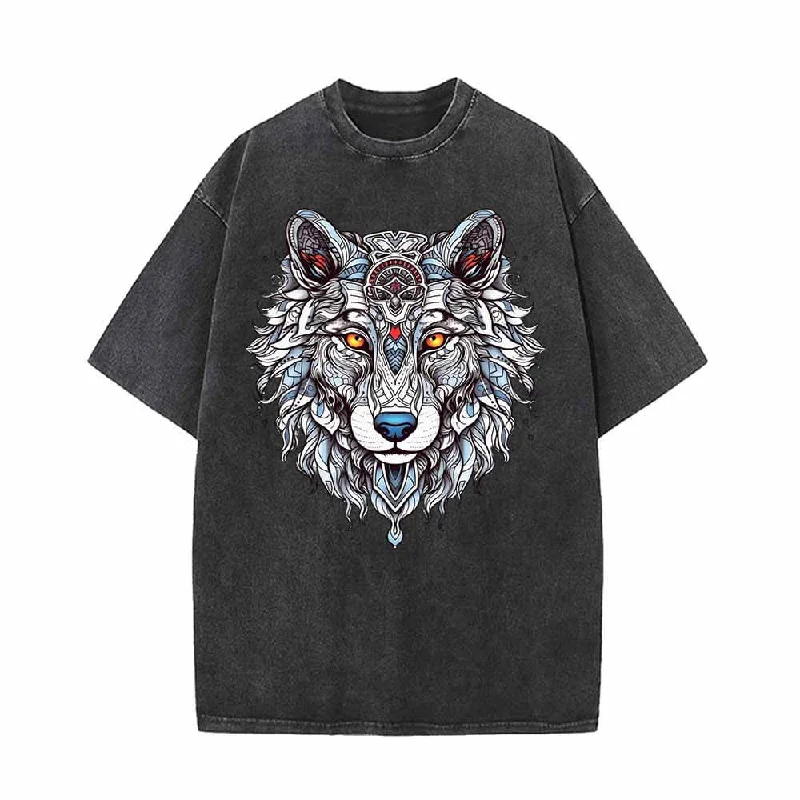 Wolf Head Print Vintage Washed T-shirt-- Terry Blend Velvet Blend Canvas Blend