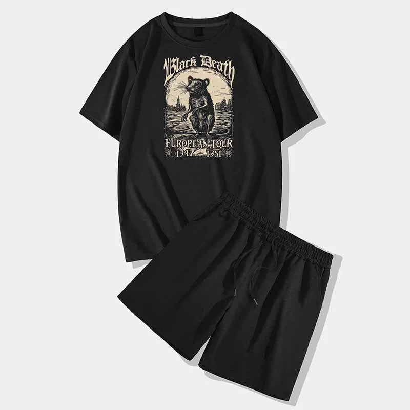 Black Death Rat Short Sleeve T-shirt and Shorts Set-- Zippered Buttoned Snapped