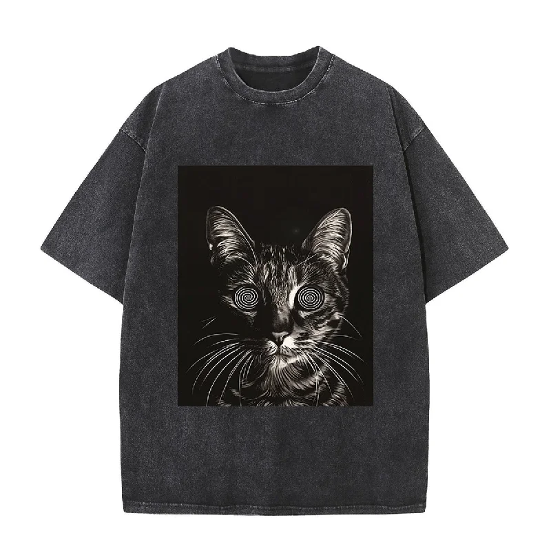 Dizzy Cat Print Washed Dark Aesthetic T-shirt-- Thin T-Shirt Open Front Quick Dry