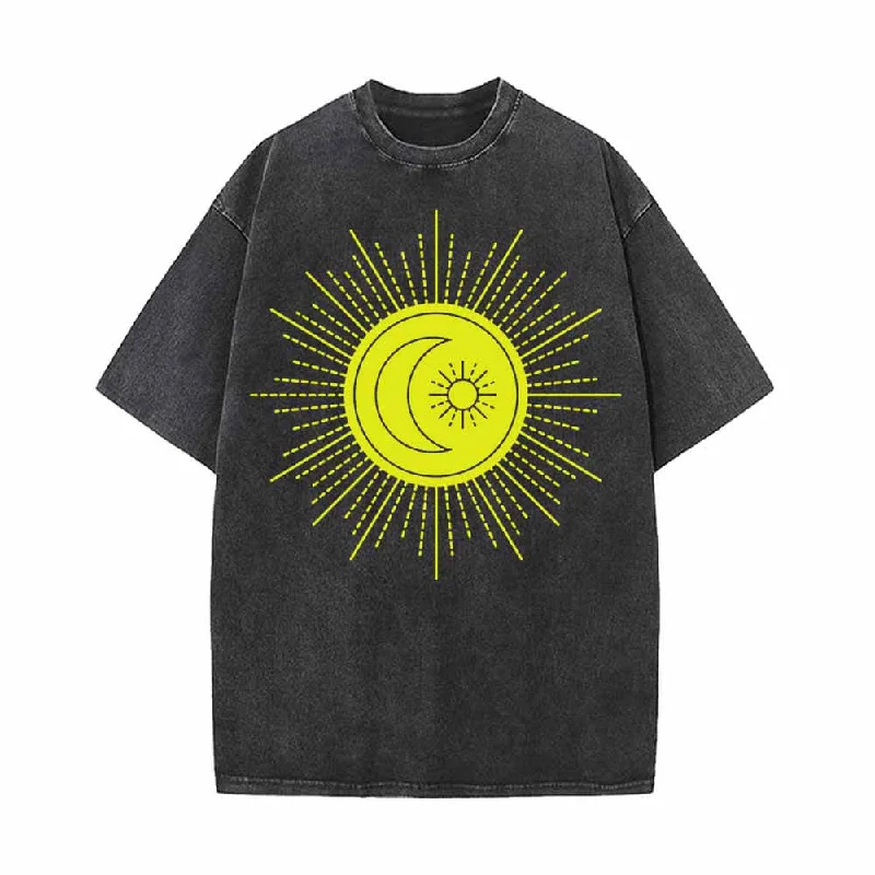 Shining Sun And Moon Pattern Vintage Washed T-shirt-- Spandex Blend Rayon Blend Denim Blend Shining Sun And Moon Pattern Vintage Washed T-shirt-- Spandex Blend Rayon Blend Denim Blend