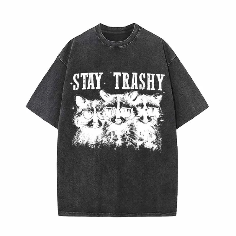Stay Trashy Raccoon Vintage Washed T-shirt-- Polka Dot Checkered Tartan