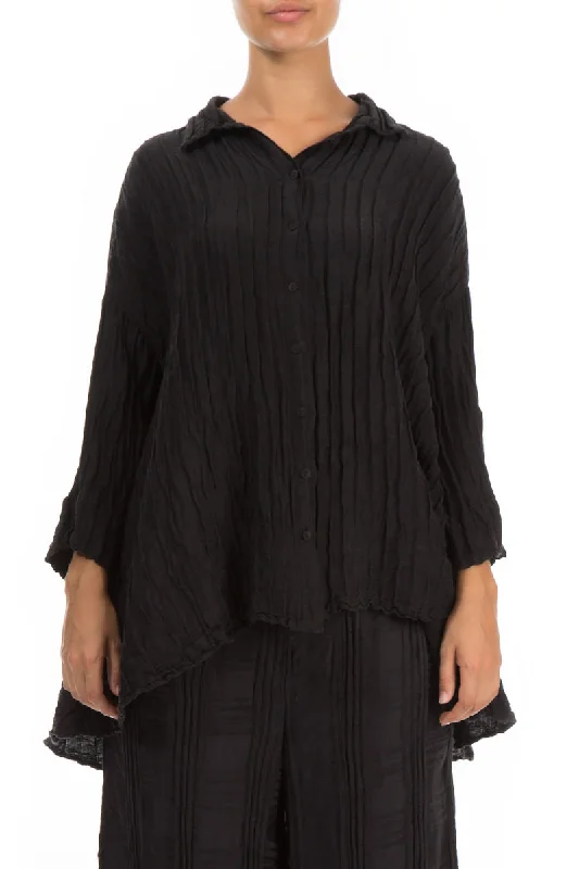 Loose Black Silk Linen Shirt-- Iron Safe Non-Iron Wrinkle Free