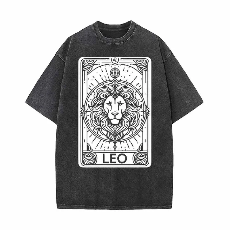 Leo Tarot Card Horoscope Vintage Washed T-shirt-- Ribbed Striped Patterned