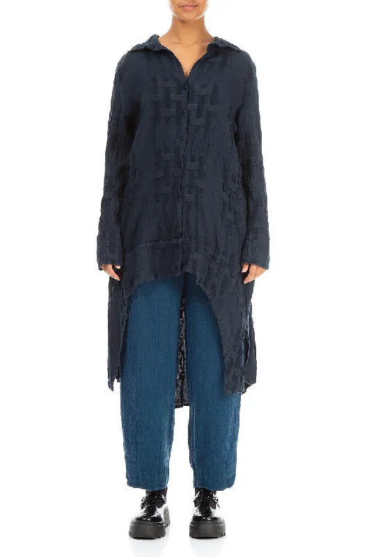 Longer Back Woven Texture Navy Linen Shirt-- Modern Contemporary Chic