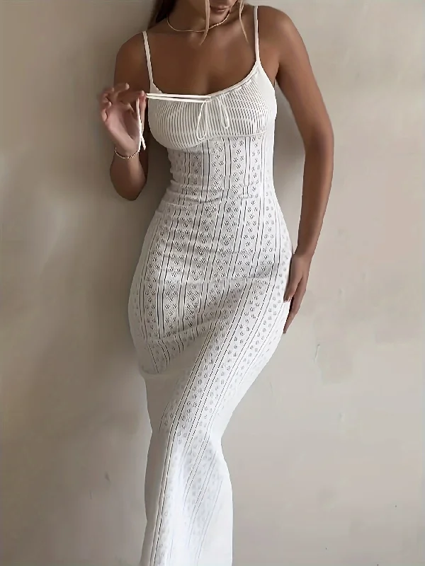IKEARLAX Womens Elegant Solid Color Spaghetti Strap Maxi Sweater Dress - Soft Micro Elastic Polyester Knit Fabric, Semi-Sheer, Sleeveless, Backless, Lace Up Detail, Customized Style - Perfect for Spring, Summer, and Fall Seasons Tunics Satin smooth