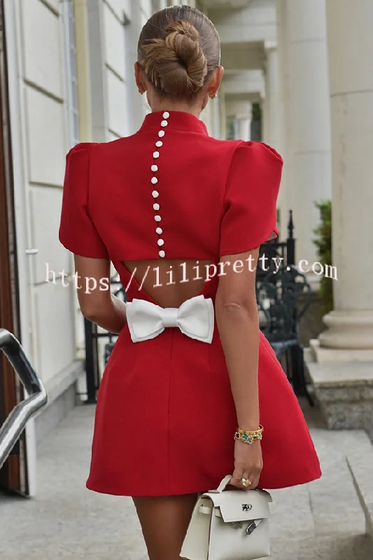Sweet Moment Slit Short Sleeve Backless Removable Satin Bow Mini Dress Trendy Mesh Mini Dress