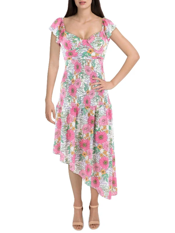 Womens Floral Smockd Sheath Dress Tunics Office stylish