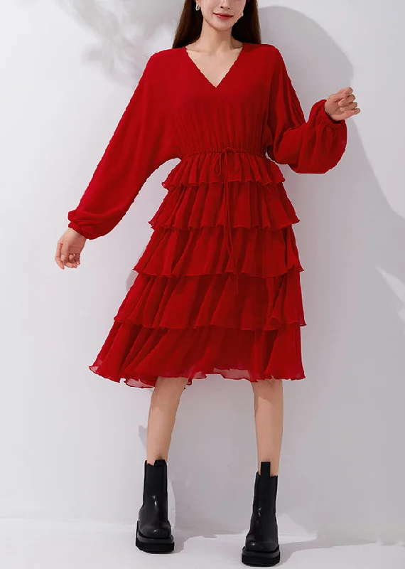 New Red V Neck Elastic Waist Chiffon Pleated Dresses Fall AM1019 Bodycon Club Sequined