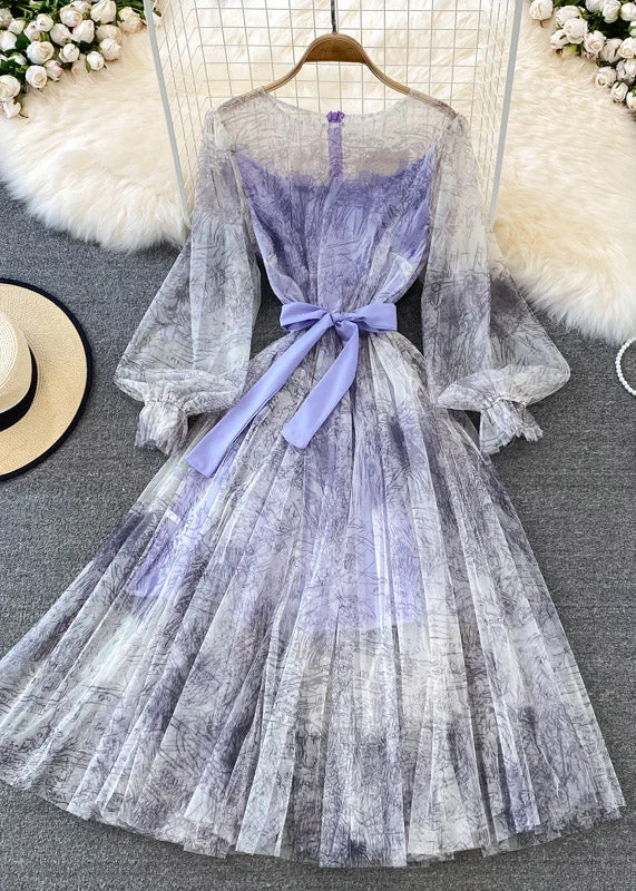 Purple O-Neck Bow Tulle Long Dress Puff Sleeve AJ1038 Tunics Fall fleece