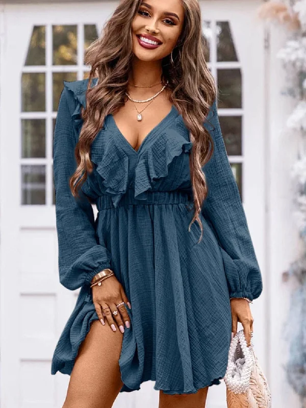 High Waist Mini Dress, Ruffle Trim, Long Sleeves Classic Floral Print Mini Dress