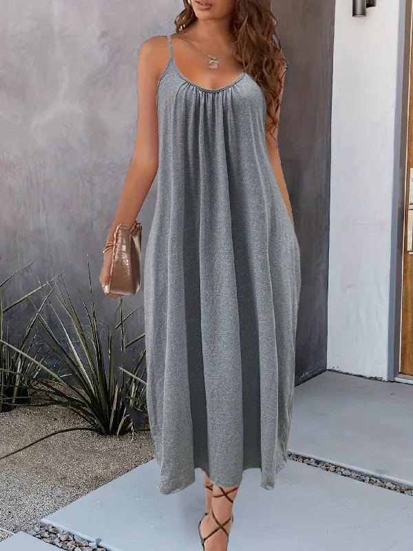 IKEARLAX Charming Solid Pocketed Spaghetti Strap Maxi Dress - Lightweight & Flowy Summer Cami Style - Adjustable Straps for Versatile Wear - Perfect Casual or Formal Womens Clothing Tunics Favorite customer