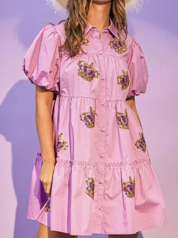 Short Sleeve Poplin Mini Dress with Crown Appliques Chic Pleated Mini Dress