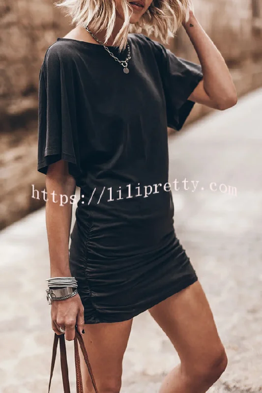 Ready for Summer Cotton Blend Bell Sleeve Ruched Mini Dress Elegant Mini Dress with Ruffles