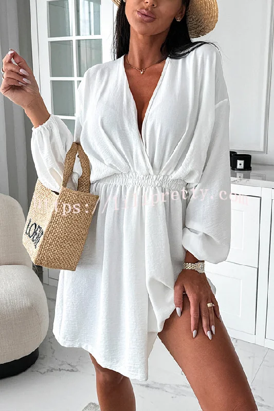 Solid Color Long Sleeve V-neck Elastic Waist Mini Dress Trendy Mini Dress with Belt