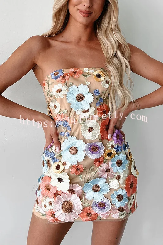 Sexy Embroidered Floral Appliqué Off Shoulder Mini Dress Cozy Cotton Mini Dress
