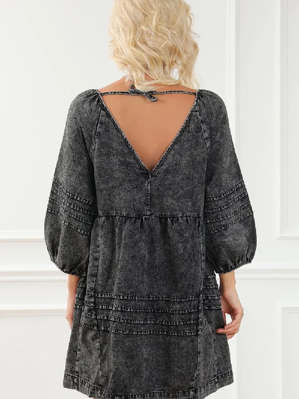 Denim Mini Dress with Puff Sleeves Trendy Off-Shoulder Dress Mini
