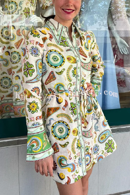 Mila Linen Blend Unique Print Shaped Collar Tie-up Waist Shirt Mini Dress Fashionable Lace-Trim Mini Dress Mila Linen Blend Unique Print Shaped Collar Tie-up Waist Shirt Mini Dress Fashionable Lace-Trim Mini Dress