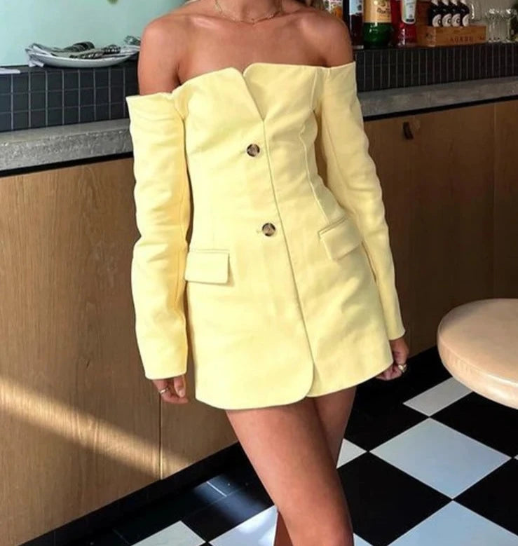 A&A Long Sleeve Off-Shoulder Blazer Mini Dress Comfortable Bodycon Mini Dress