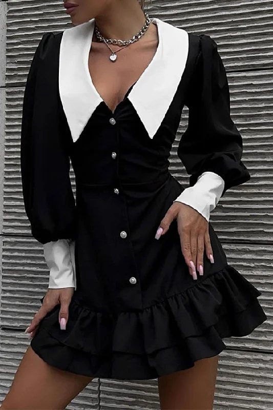 Stylish Color Block Lapel Button Fit Mini Dress Cozy Satin Mini Dress