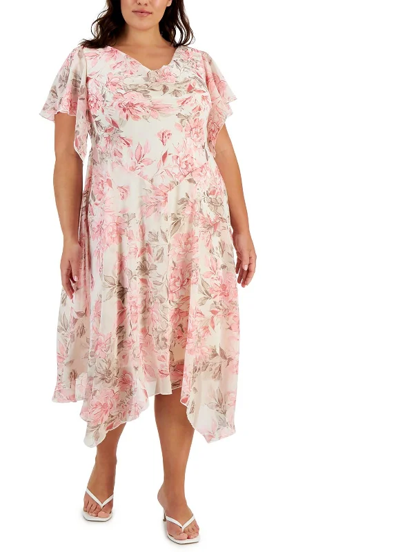 Plus Womens Handkerchief Hem Long Cocktail And Party Dress Off-the-shoulder Chic Trendy
