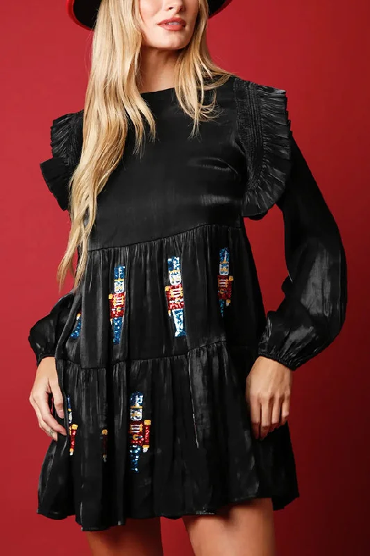 Christmas Toy Solider Satin Sequin Balloon Sleeve Tiered Mini Dress Trendy Off-Shoulder Dress Mini Christmas Toy Solider Satin Sequin Balloon Sleeve Tiered Mini Dress Trendy Off-Shoulder Dress Mini