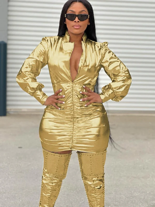 Zjkrl - Hot Womens Shiny Golden Metallic Pleated Mini Dress New Autumn Long Sleeve Evening Party Club Clothes Festival Outfits Tunics Ceremony elegant Zjkrl - Hot Womens Shiny Golden Metallic Pleated Mini Dress New Autumn Long Sleeve Evening Party Club Clothes Festival Outfits Tunics Ceremony elegant