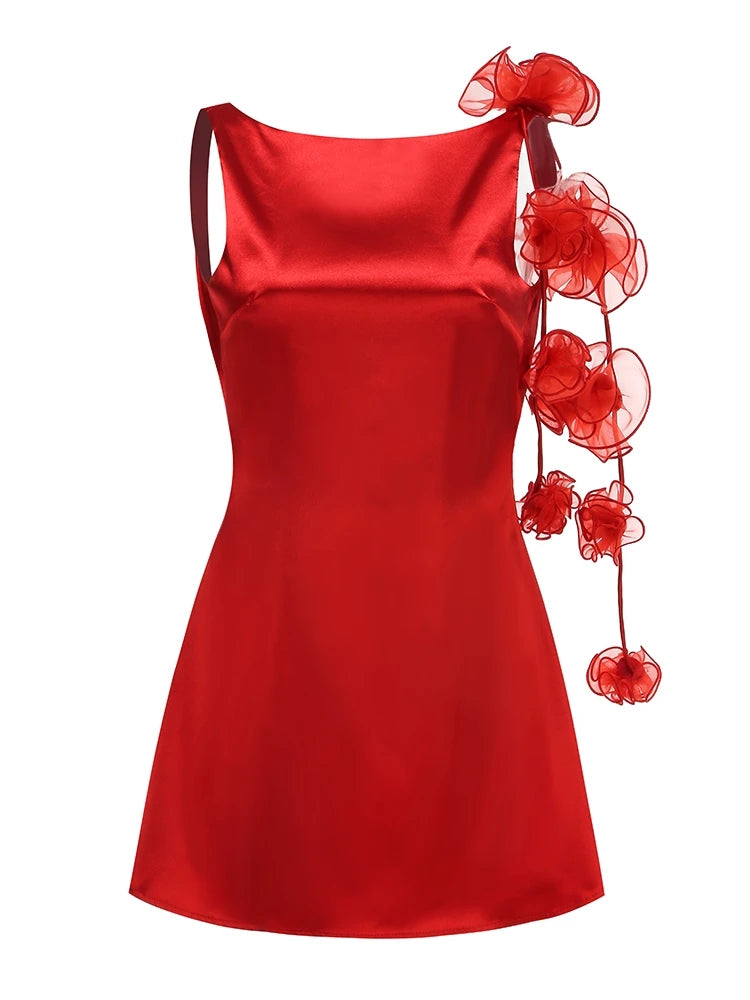 A&A Satin Sleeveless Flower Draped Mini Dress Fashionable A-Line Mini Dress