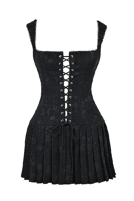 A&A Luxe Lace Up Vintage Embroidery A Line Pleated Mini Dress Cozy Knit Mini Dress