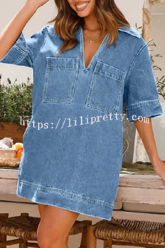 Tara V Neck Pocket Half Sleeve Denim Mini Dress Classic Solid Mini Dress