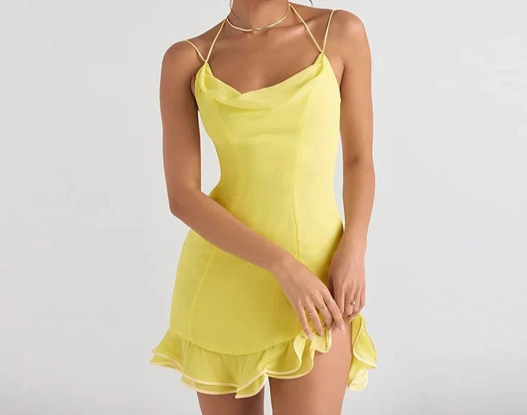 A&A Summer Halter Chiffon Mini Dress Comfortable Zip-Up Mini Dress