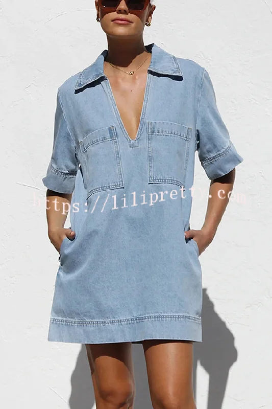 Amalie Light Denim Open Collar Pocketed Shift Style Mini Dress Cozy Jersey Mini Dress Amalie Light Denim Open Collar Pocketed Shift Style Mini Dress Cozy Jersey Mini Dress