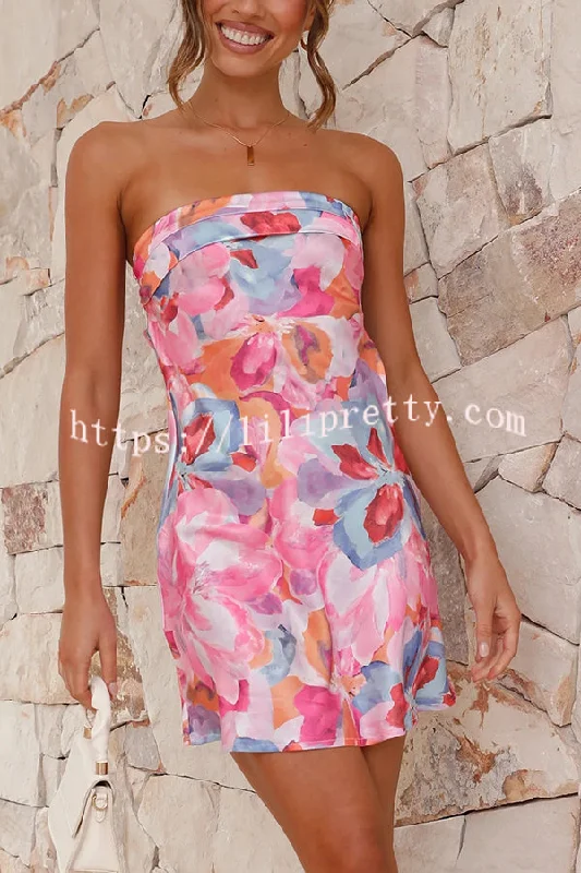 Dreamworld Satin Floral Print Sexy Strapless Backless Mini Dress Fashionable Button-Front Mini Dress Dreamworld Satin Floral Print Sexy Strapless Backless Mini Dress Fashionable Button-Front Mini Dress