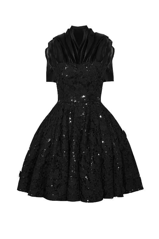 Black Lace Shadow Mini Dress Comfortable Zip-Up Mini Dress