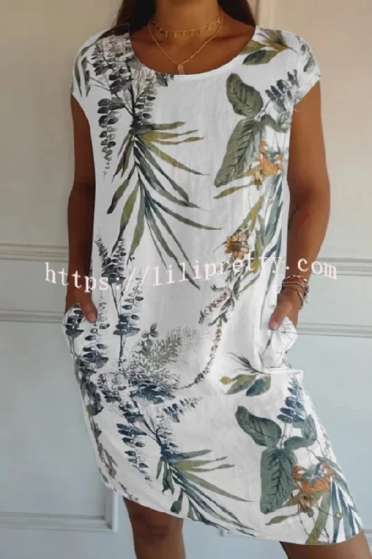 Botanical Print Linen Blend Crew Neck Short Sleeve Pocket Mini Dress Classic Shift Mini Dress Botanical Print Linen Blend Crew Neck Short Sleeve Pocket Mini Dress Classic Shift Mini Dress