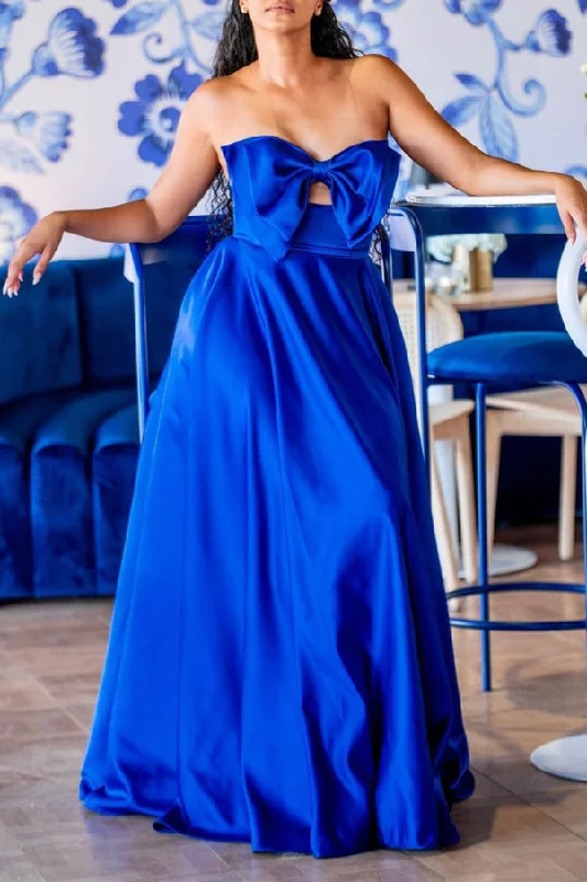 Zjkrl - Blue Elegant Formal Plain Hollowed Out With Bow Strapless Evening Dress Dresses Tunics Sophisticated sleek Zjkrl - Blue Elegant Formal Plain Hollowed Out With Bow Strapless Evening Dress Dresses Tunics Sophisticated sleek