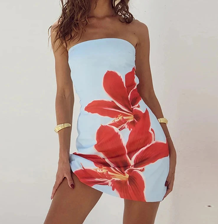 A&A Strapless Printed Floral Blue Mini Dress Elegant Off-Shoulder Dress Mini