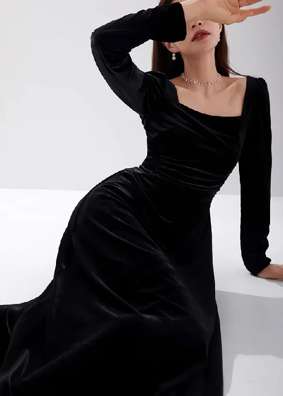 Slim Fit Black Square Collar High Waist Velour Dress Fall AM1015 Tunics Trousers formal Slim Fit Black Square Collar High Waist Velour Dress Fall AM1015 Tunics Trousers formal
