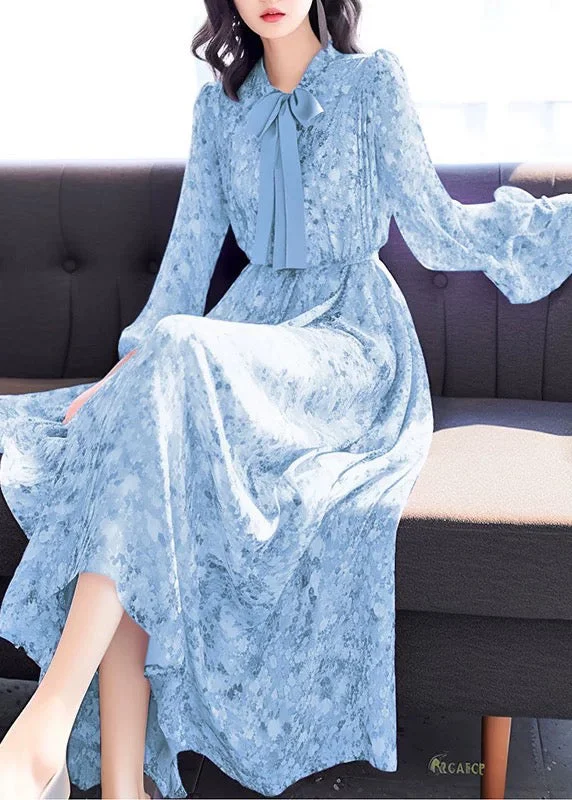 Chic Blue Bow Print High Waist Chiffon Long Dress Fall QR043 Tunics Stylish modern