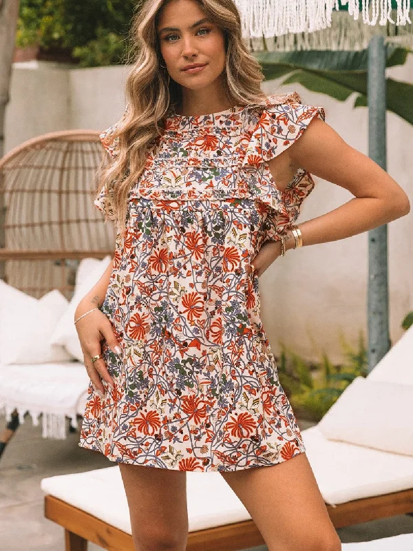 Bohemian Floral Ruffle Sleeve Mini Dress Trendy Camisole Mini Dress