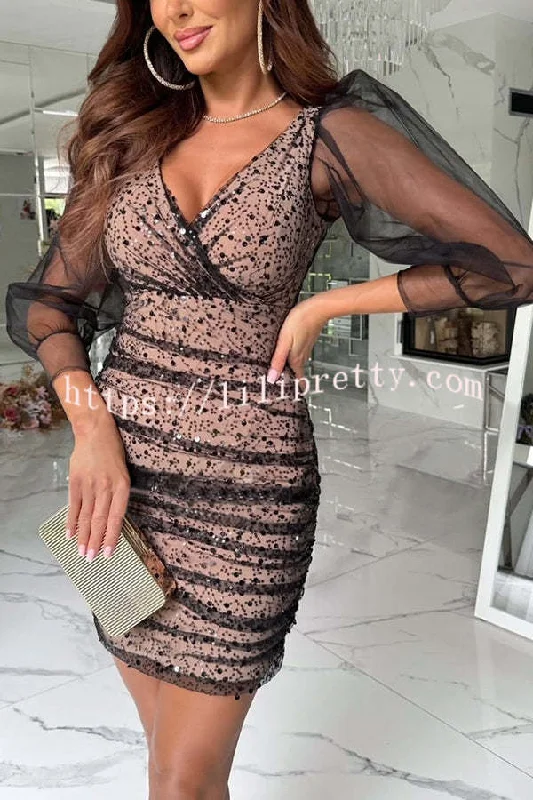 Lost in Your Eyes Mesh Sequin Balloon Sleeve Ruched Stretch Party Mini Dress Elegant Tulle Mini Dress Lost in Your Eyes Mesh Sequin Balloon Sleeve Ruched Stretch Party Mini Dress Elegant Tulle Mini Dress