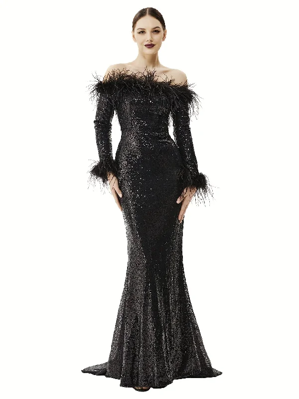 Raw Trim Sequined Off Shoulder Dress, Elegant Bodycon Floor Length Evening Dress For Party & Banquet, Women's Clothing Turtleneck Neckline Stylish Raw Trim Sequined Off Shoulder Dress, Elegant Bodycon Floor Length Evening Dress For Party & Banquet, Women's Clothing Turtleneck Neckline Stylish