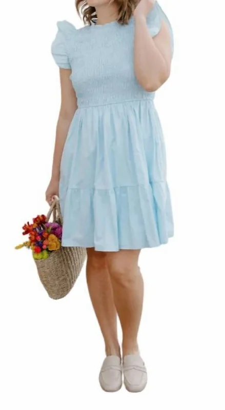 Ruffle Sleeve Smocked Dress In Blue Tunics Luxurious high-end