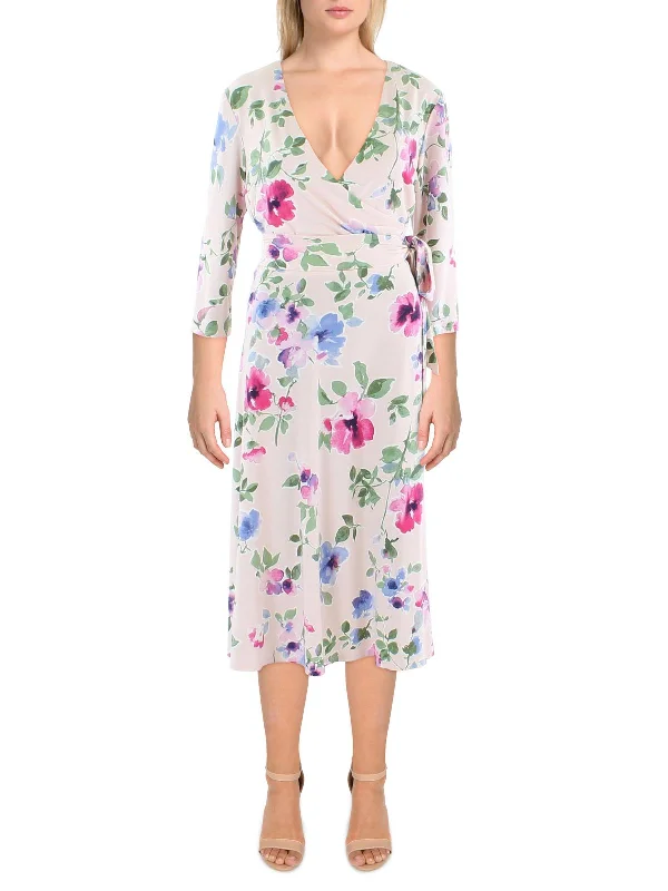 Womens Floral Surplice Midi Dress Tunics Stylish modern