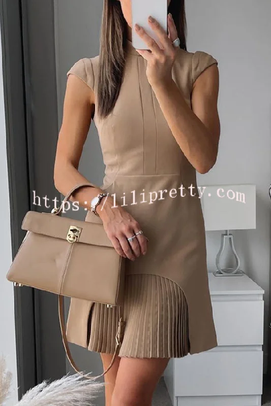 Military Style Cap Sleeve High Neck Patchwork Pleated Hem Mini Dress Trendy Camisole Mini Dress Military Style Cap Sleeve High Neck Patchwork Pleated Hem Mini Dress Trendy Camisole Mini Dress
