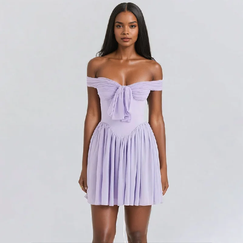 A&A Lilac Off-shoulder Pleated Mini Dress Classic Floral Mini Dress