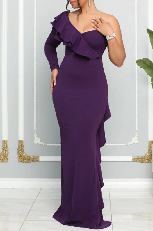 Zjkrl - Purple Elegant Formal Plain Patchwork Flounce One Shoulder Evening Dress Dresses Tunics New arrival Zjkrl - Purple Elegant Formal Plain Patchwork Flounce One Shoulder Evening Dress Dresses Tunics New arrival