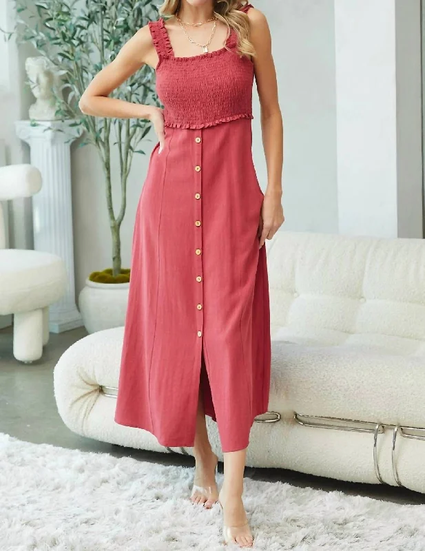 Smocked Midi Dress In Brick Red Crew Neckline Sporty