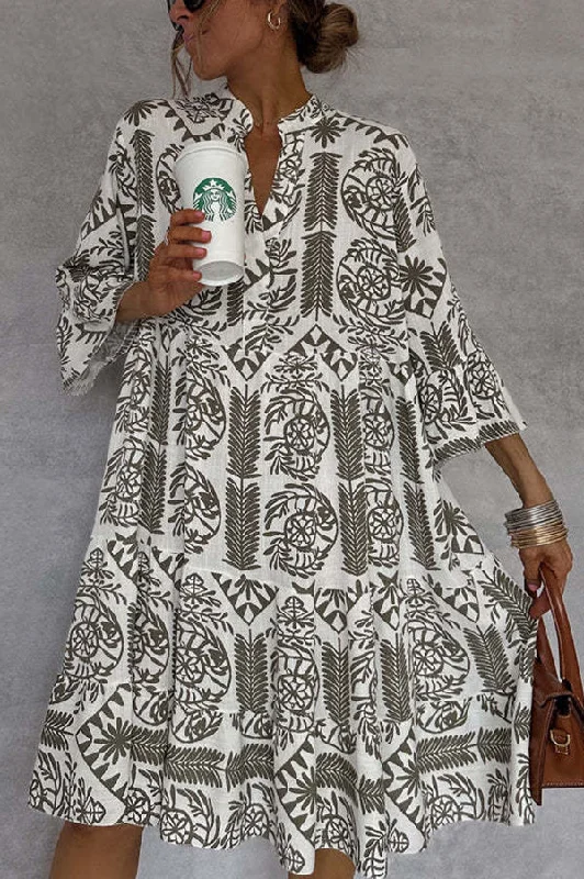 Unique Printed V-neck Bell Sleeve Mini Dress Comfortable Polka Dot Mini Dress