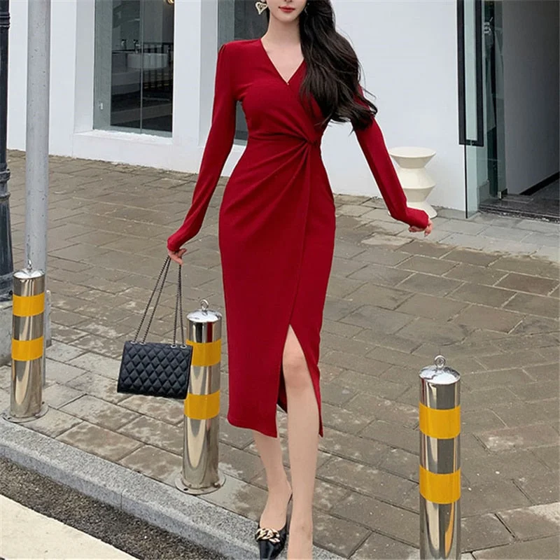New Autumn Fashion Vintage Elegant Knitted Red Dresses for Women 2023 V-neck Long Sleeved Office Lady Slim Prom Evening Dresses Tunics Vintage classic